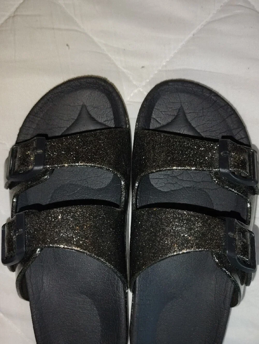 Kids Glitter Double-Buckle Slide Sandals - Black